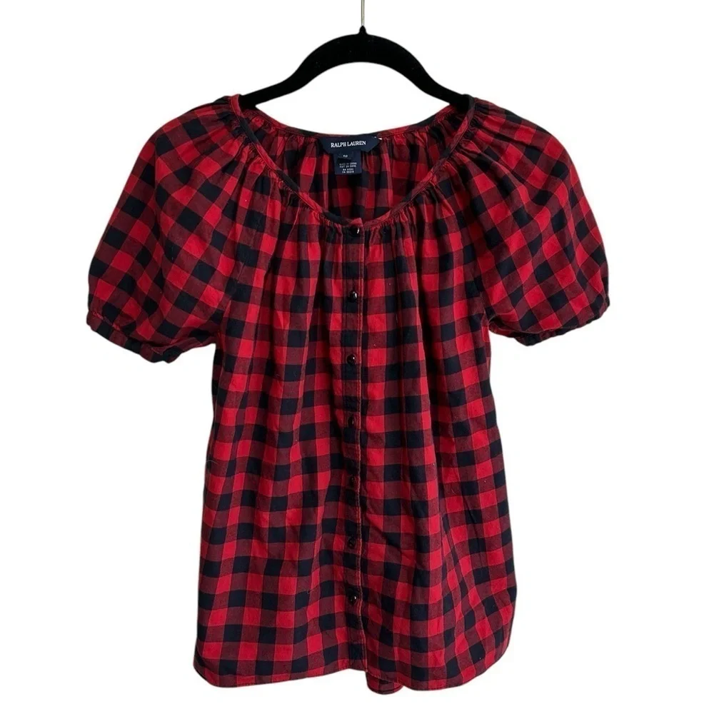 Polo Ralph Lauren Winter Peasant Top Blouse Size 12 Black Red Gingham